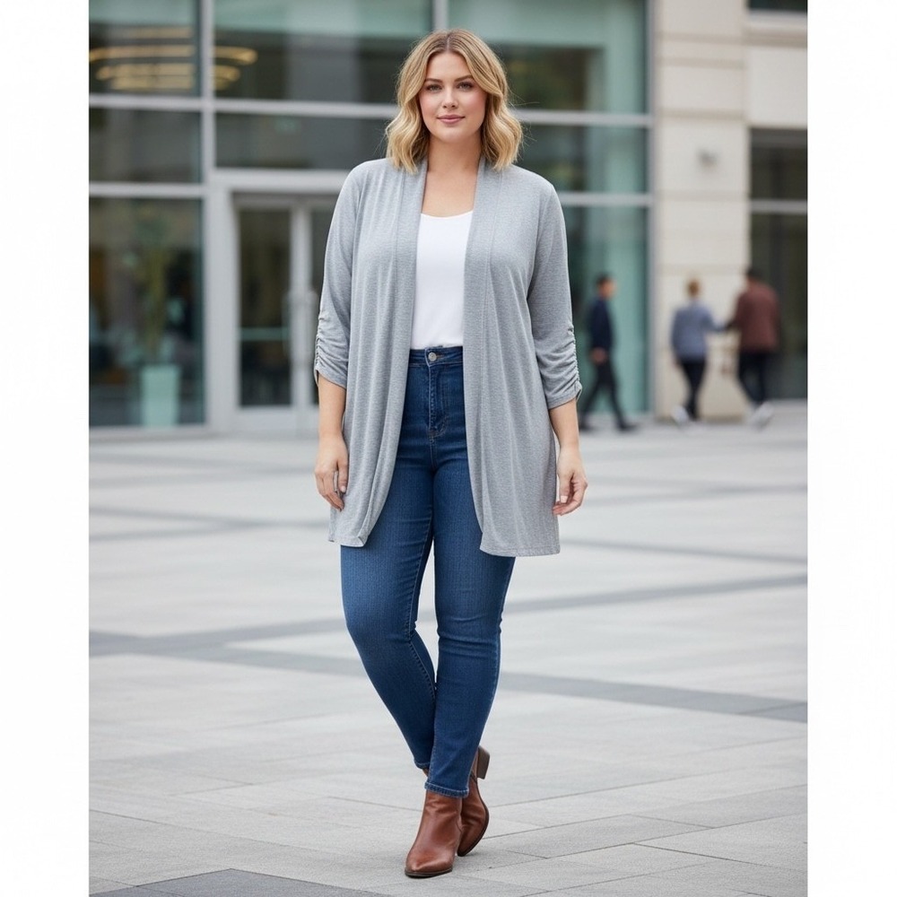 Talbots‎ Gray Open Front 3X Cardigan Ruched 3/4 Sleeve Lightweight Comfy Casual